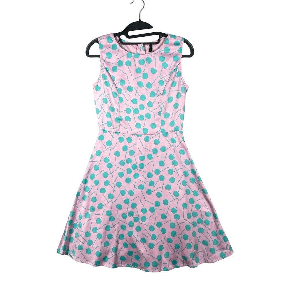 Stile Benetton Fit Flare Dress Womens XS Pink Cherry Print Rockabilly‎ Retro